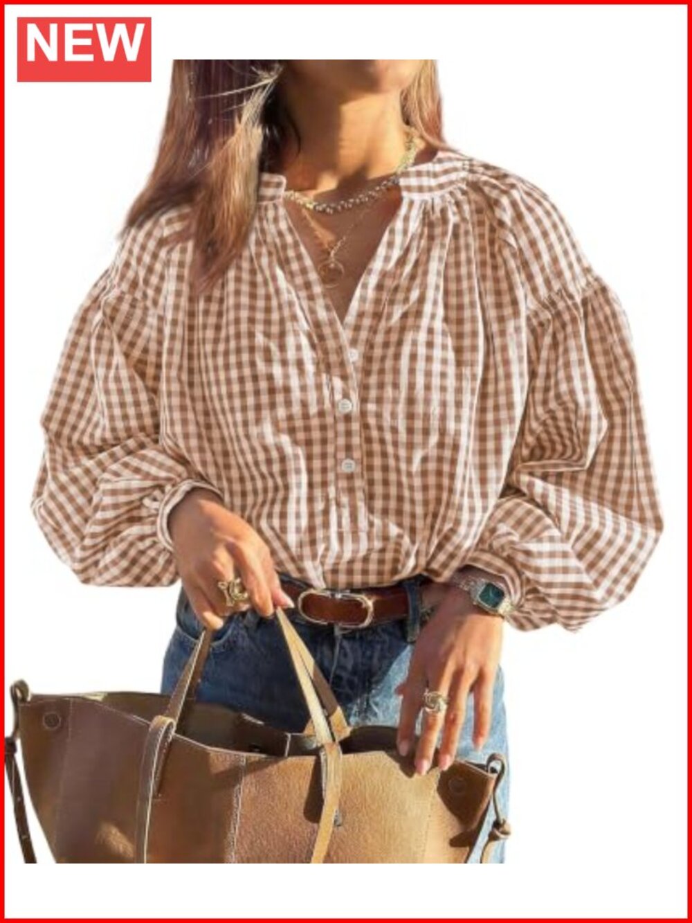 Women's Plaid Long Puff Sleeve Blouse V Neck Cotton Casual Shirt